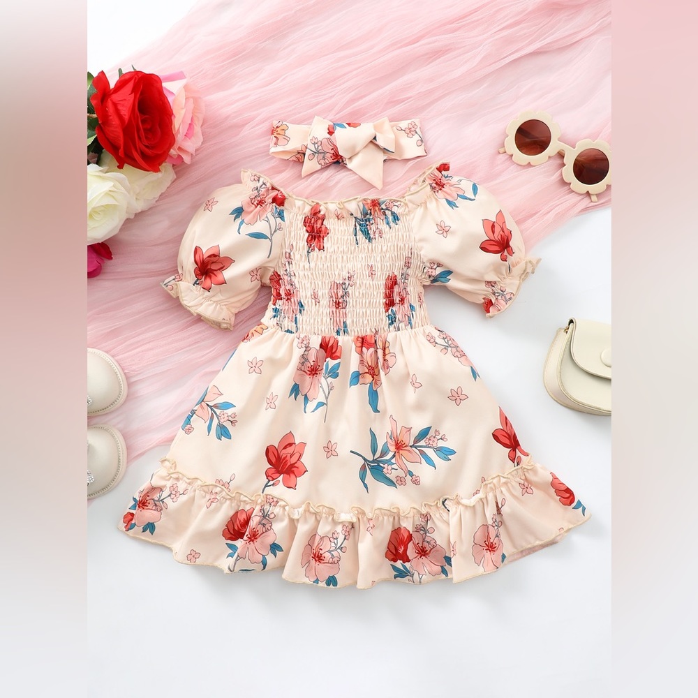Baby Girl Floral Smocked Frill Trim Dress